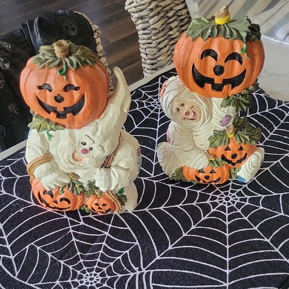 Vintage Halloween Pumpkin and Ghost Figurine Set
